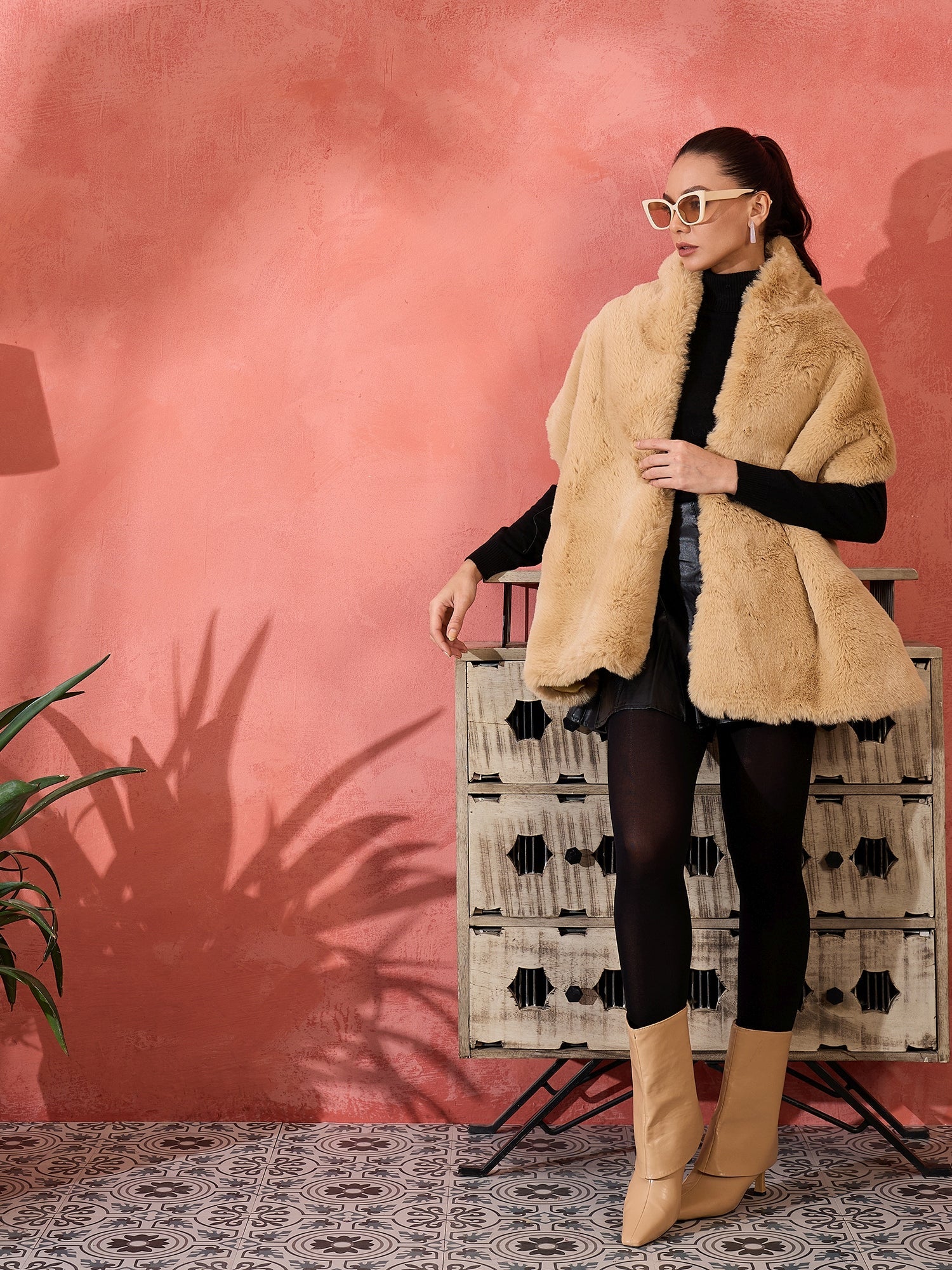 InWeave Beige Rabit Faux Fur Cape - Distacart