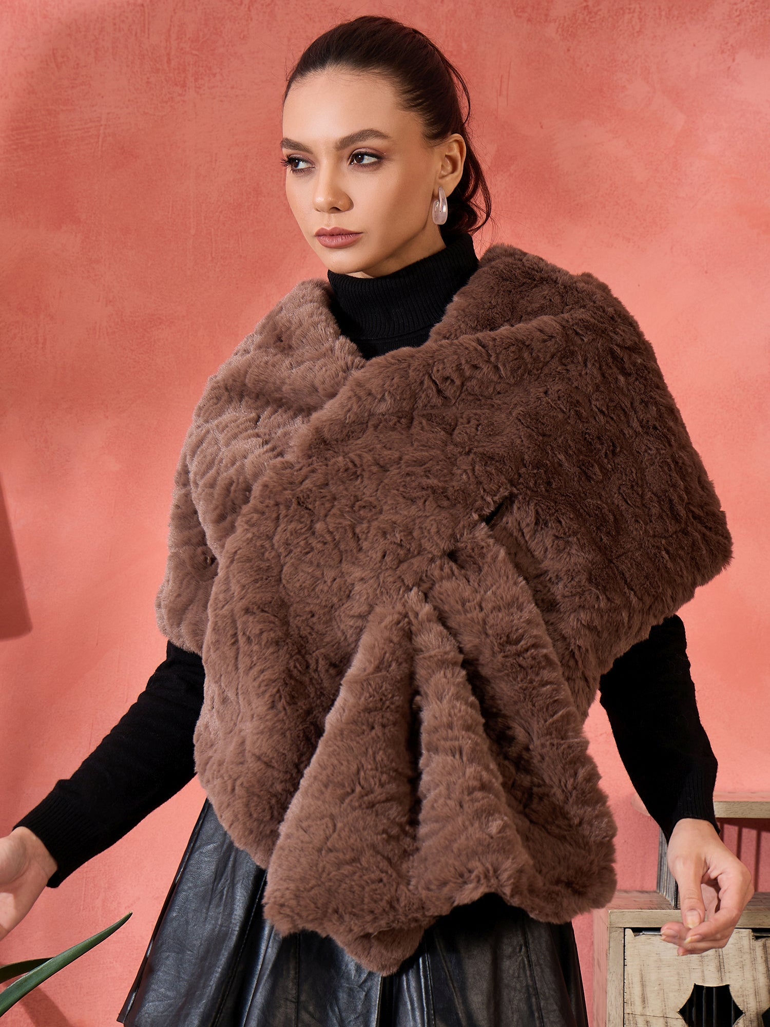 InWeave Dull Brown Rabbit Faux Fur Cape - Distacart