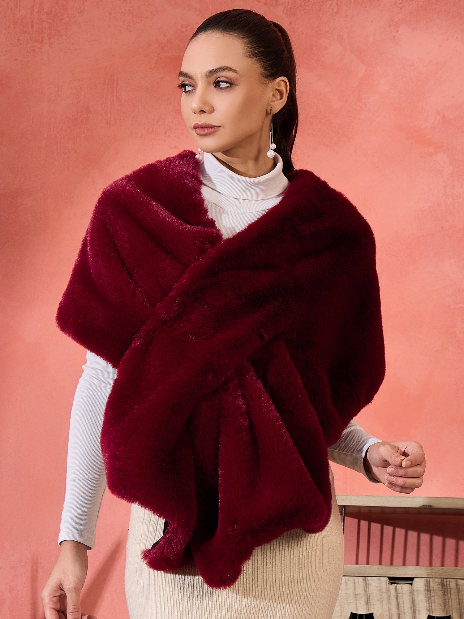 InWeave Burgundy Faux Fur Cape - Distacart