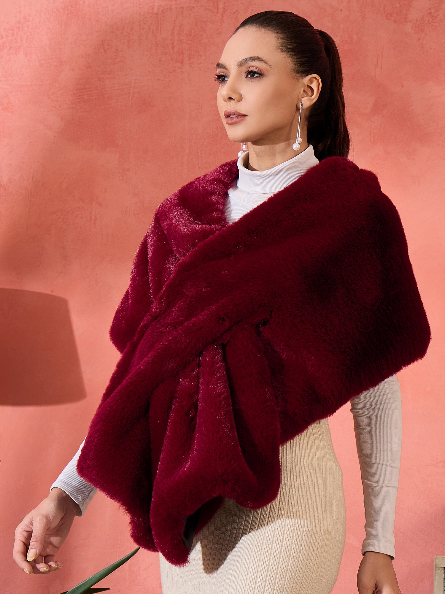 InWeave Burgundy Faux Fur Cape - Distacart