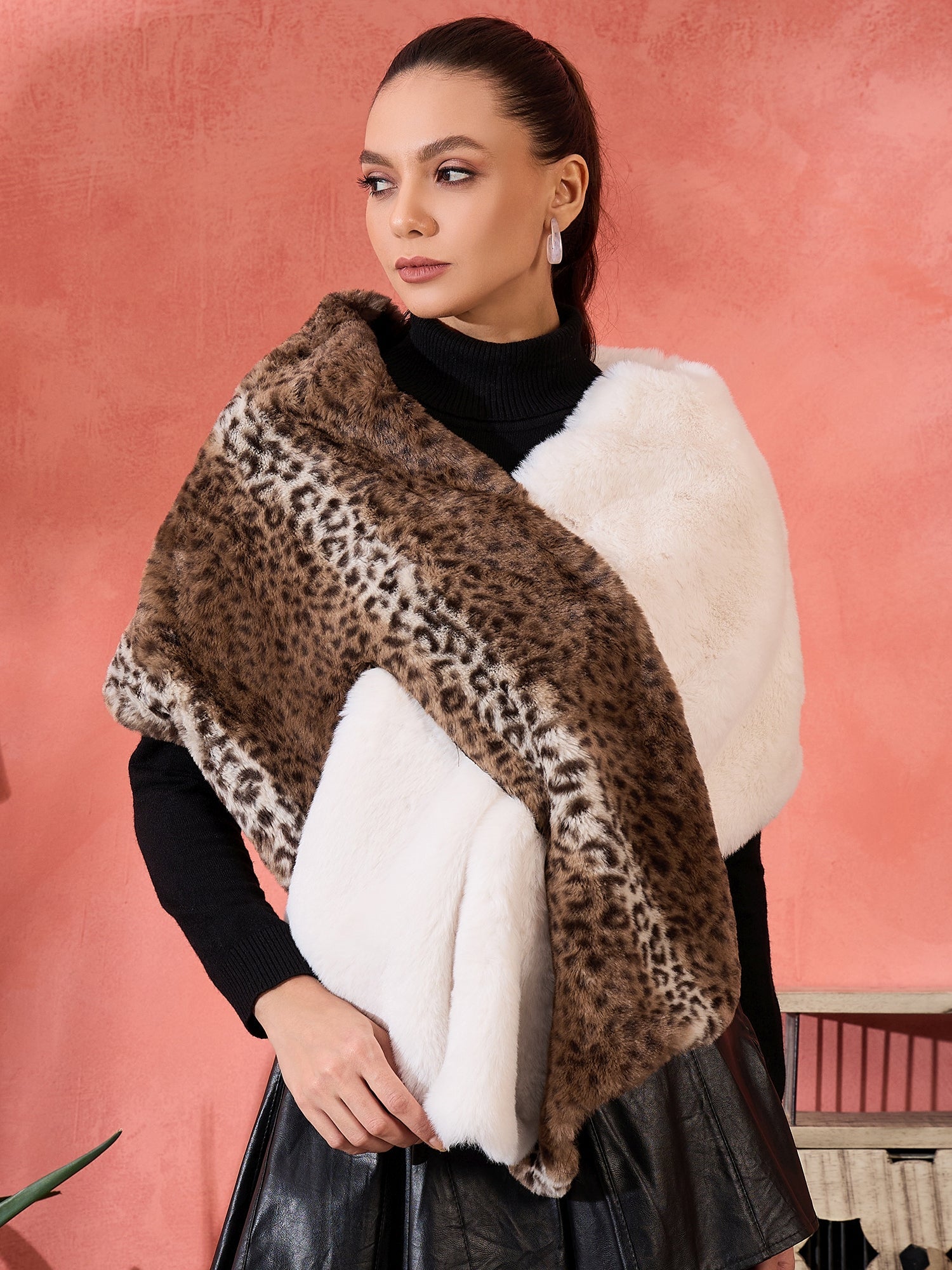 InWeave Brown Leopard Half White Rabbit Faux Fur Cape - Distacart