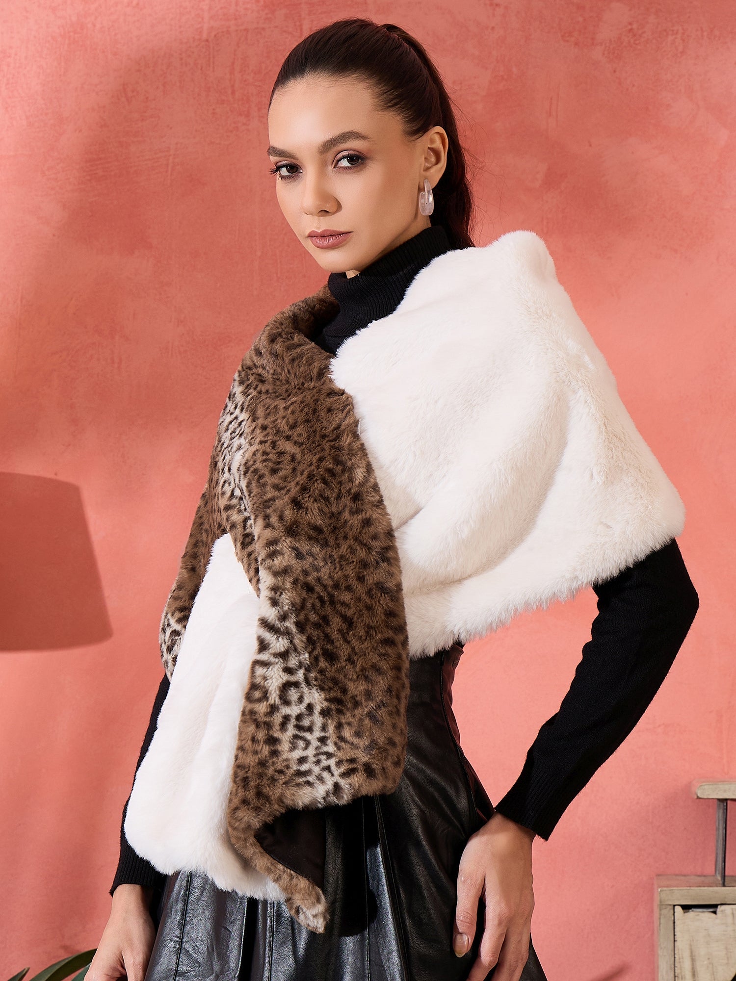 InWeave Brown Leopard Half White Rabbit Faux Fur Cape - Distacart