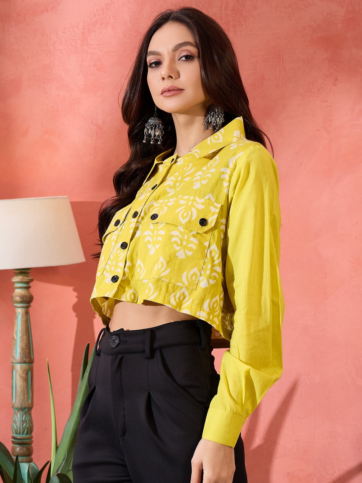 InWeave Lemon Yellow Block Print Pocket Jacket - Distacart