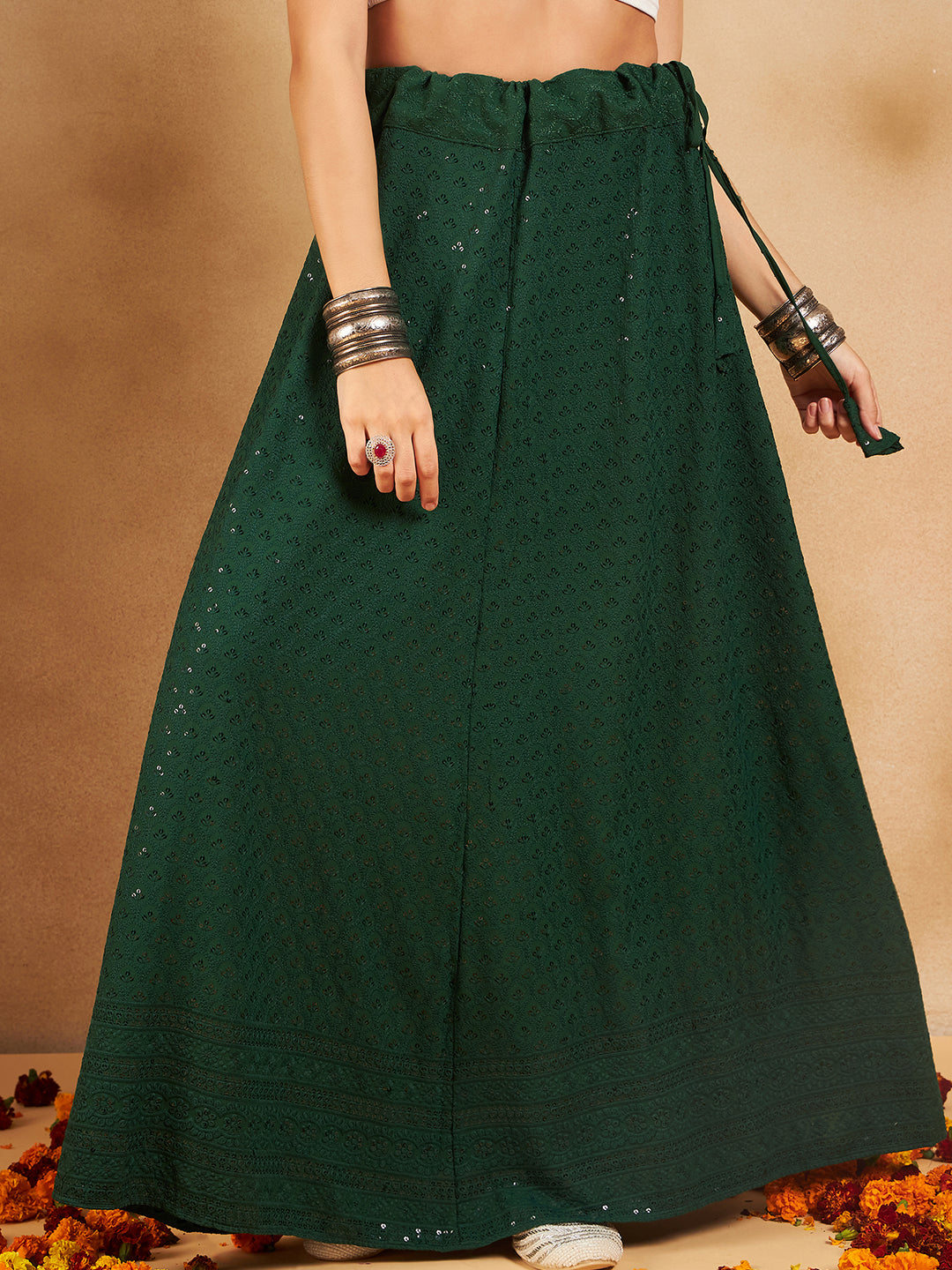 InWeave Green Chikankari Skirt - Distacart