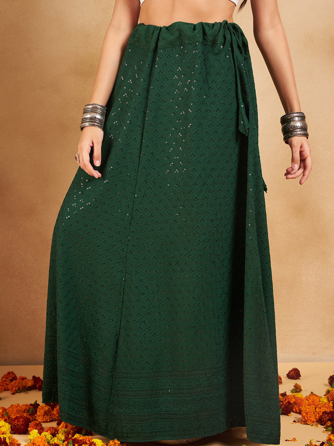 InWeave Green Chikankari Skirt - Distacart