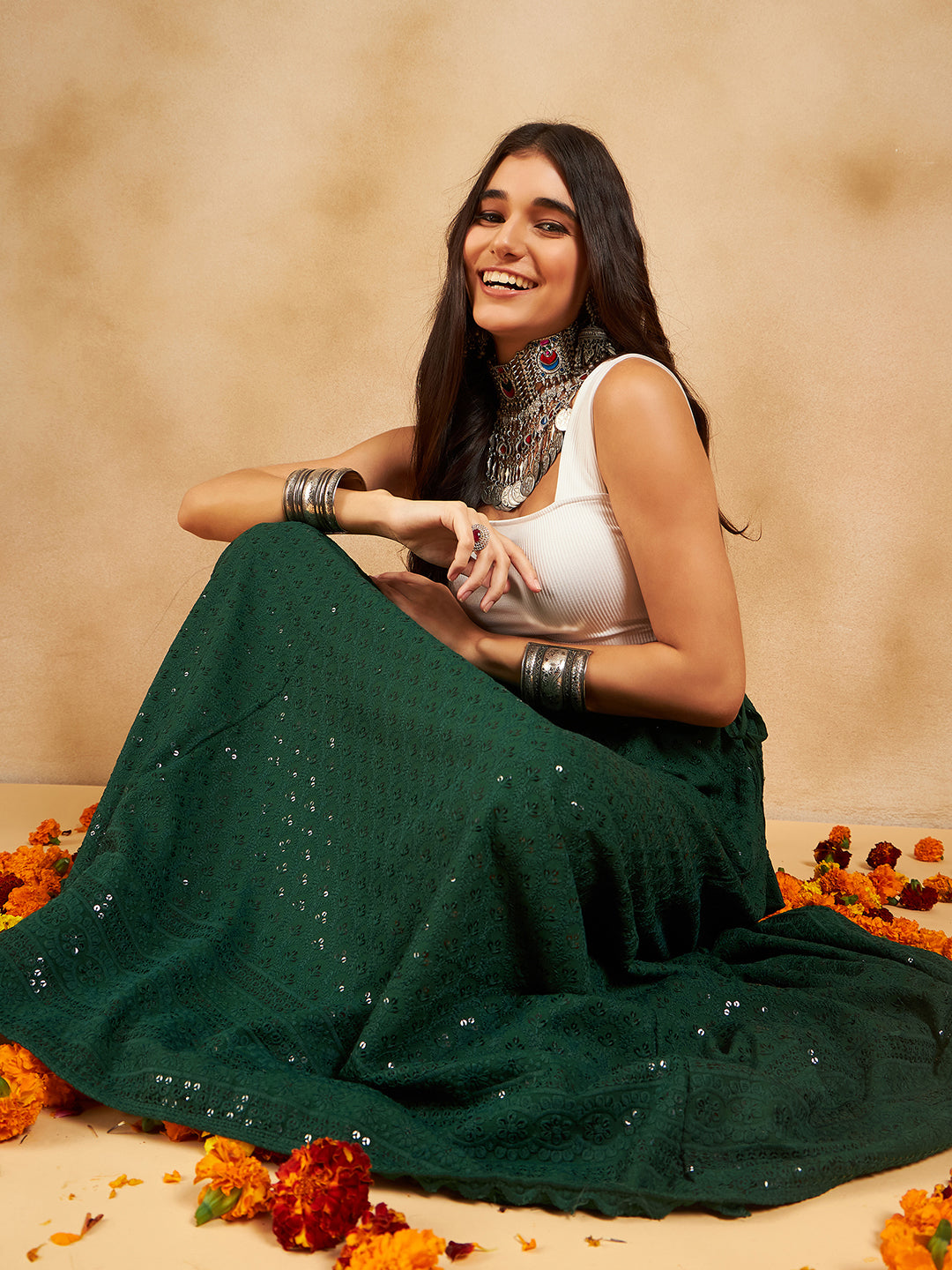 InWeave Green Chikankari Skirt - Distacart