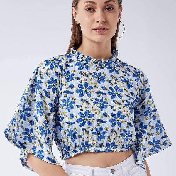 InWeave Cerulean Blue Bell Sleeves Crop Top - Distacart