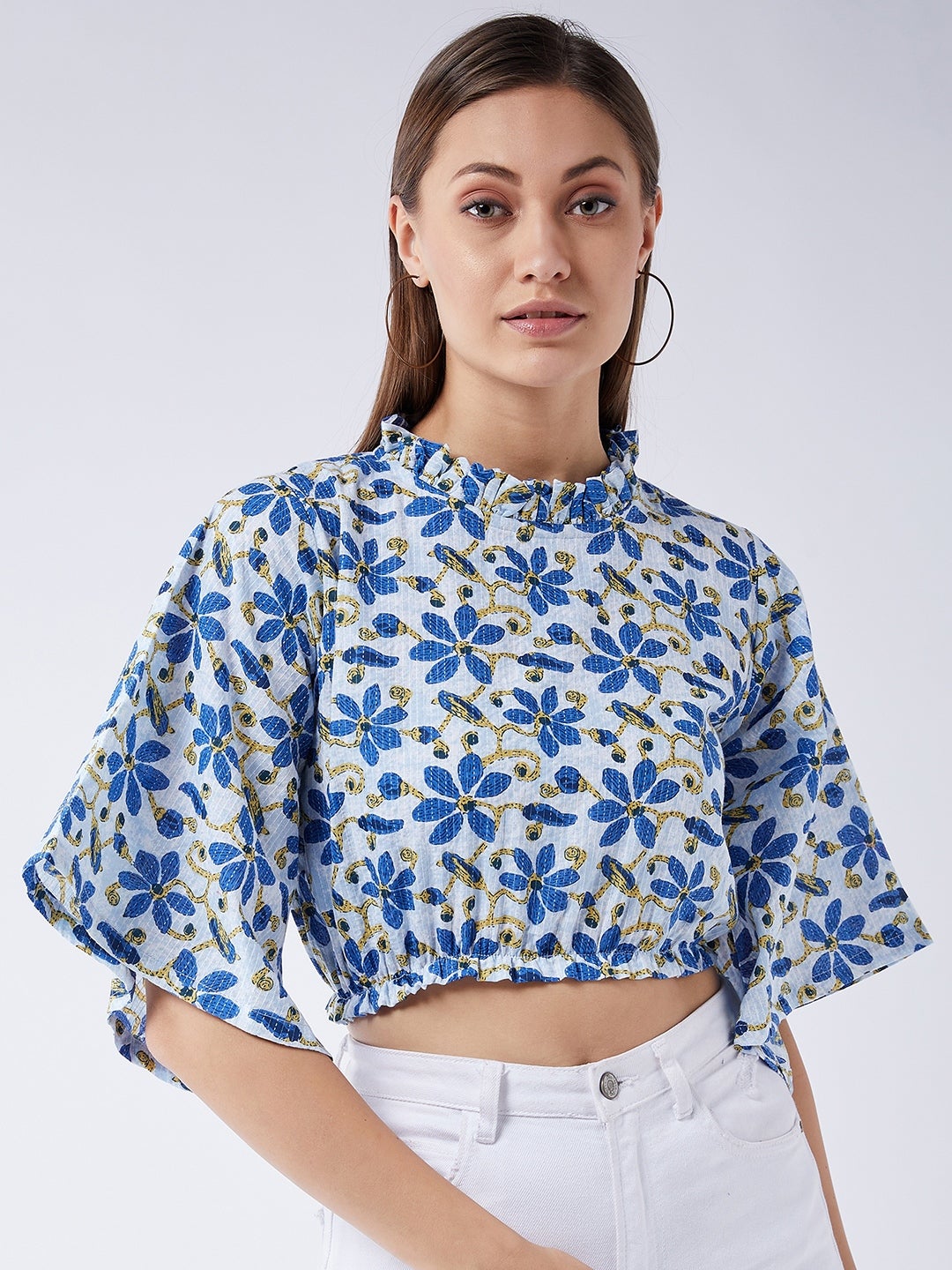 InWeave Cerulean Blue Bell Sleeves Crop Top - Distacart