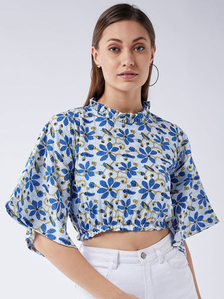 InWeave Cerulean Blue Bell Sleeves Crop Top