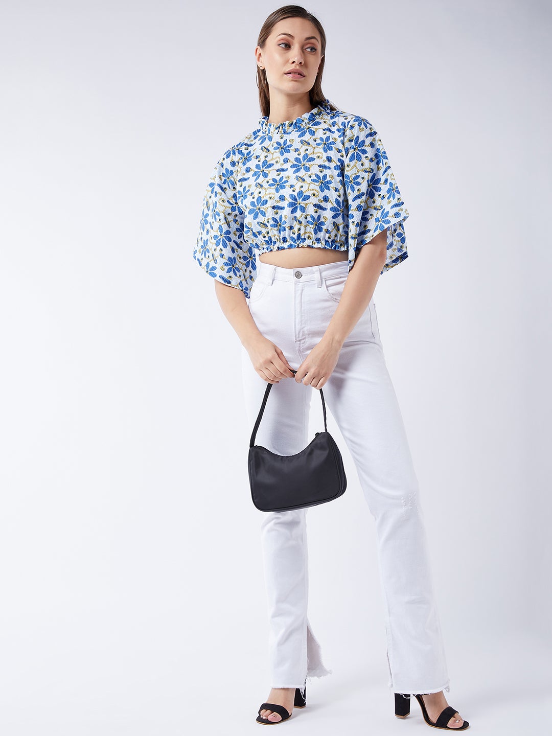 InWeave Cerulean Blue Bell Sleeves Crop Top - Distacart