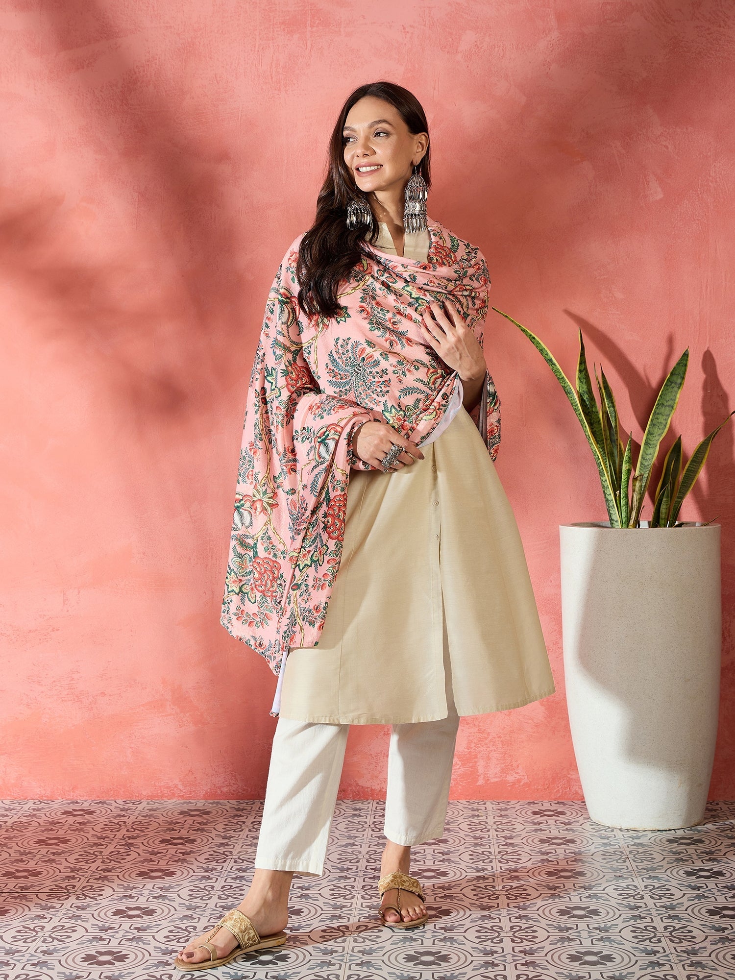 InWeave Peach Printed Velvet Shawl - Distacart