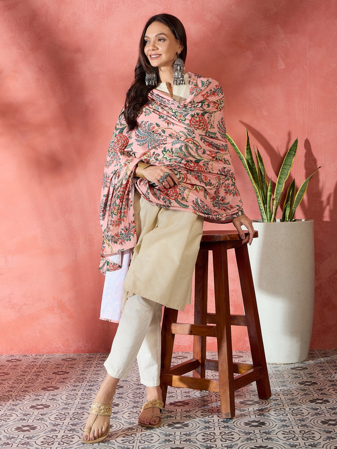 InWeave Peach Printed Velvet Shawl