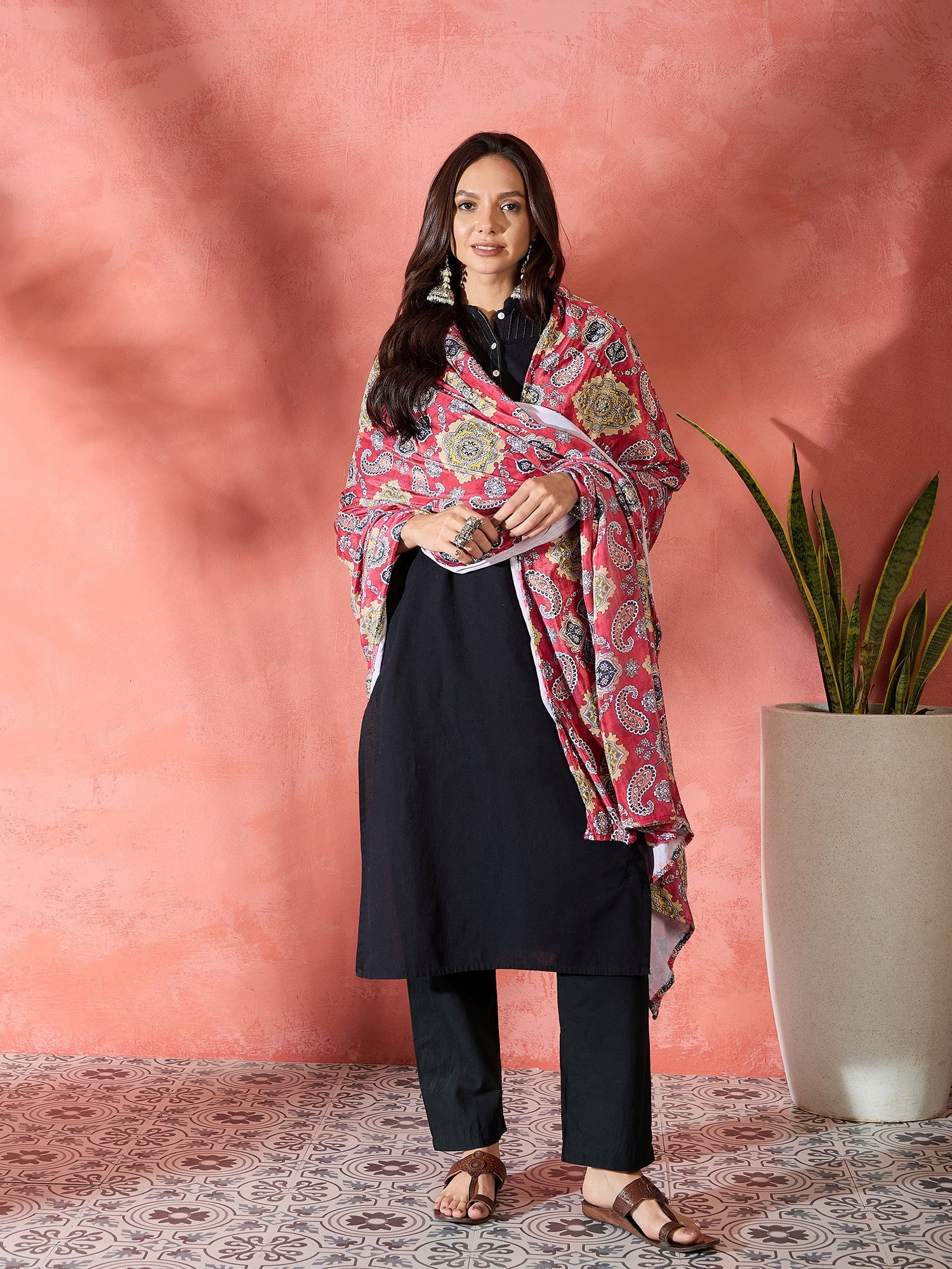 InWeave Red Printed Velvet Shawl - Distacart