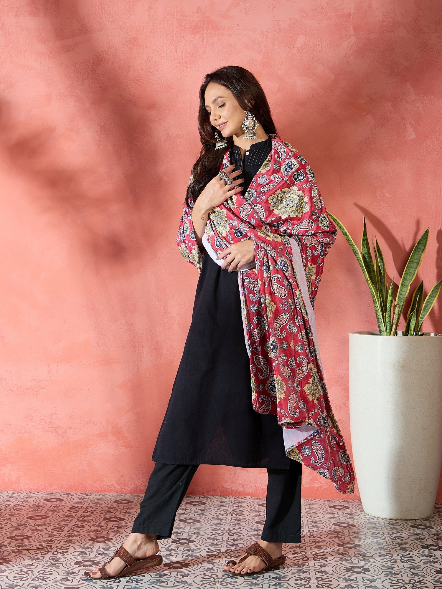 InWeave Red Printed Velvet Shawl - Distacart