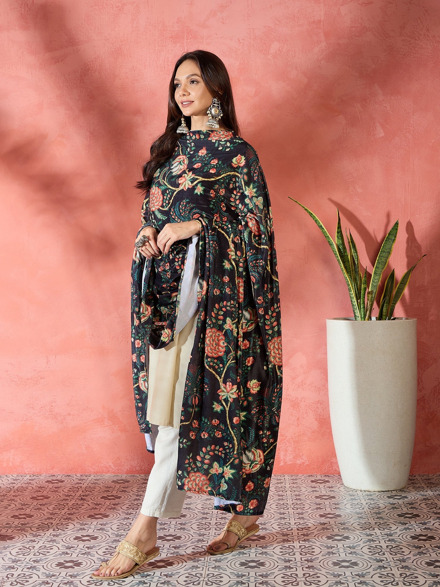 InWeave Black Printed Velvet Shawl - Distacart