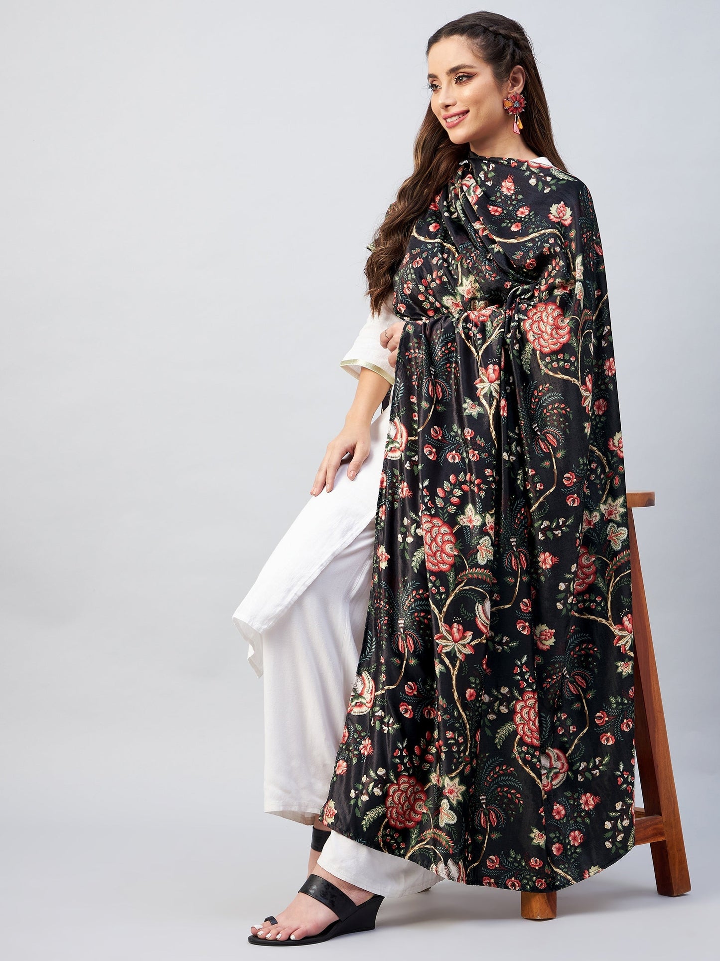 InWeave Black Printed Velvet Shawl - Distacart