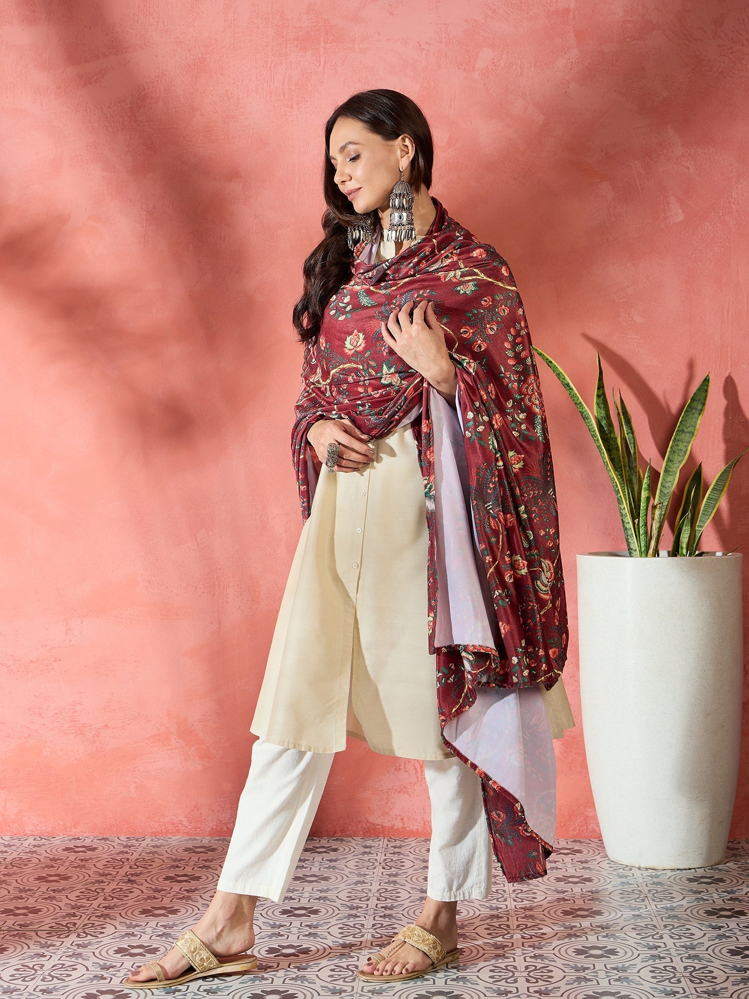 InWeave Maroon Printed Velvet Shawl