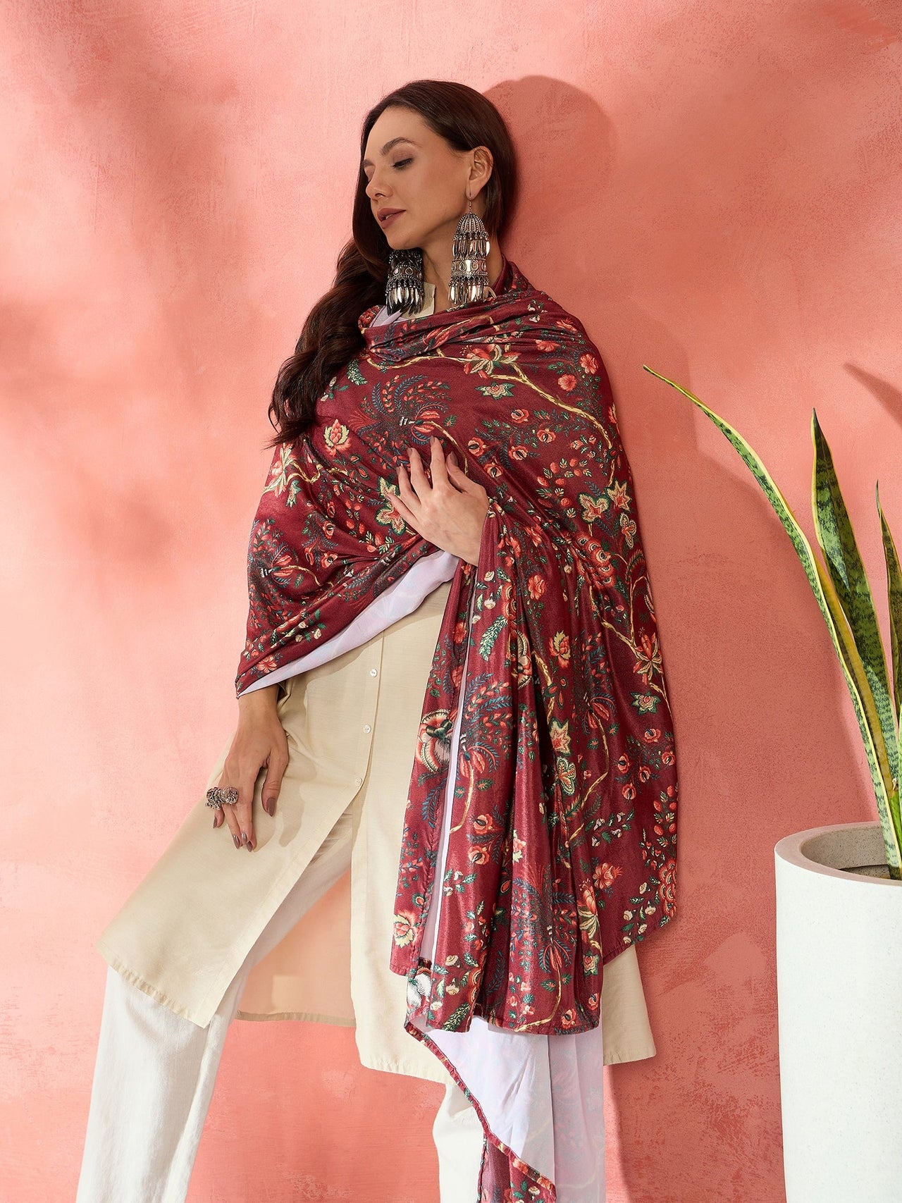 InWeave Maroon Printed Velvet Shawl