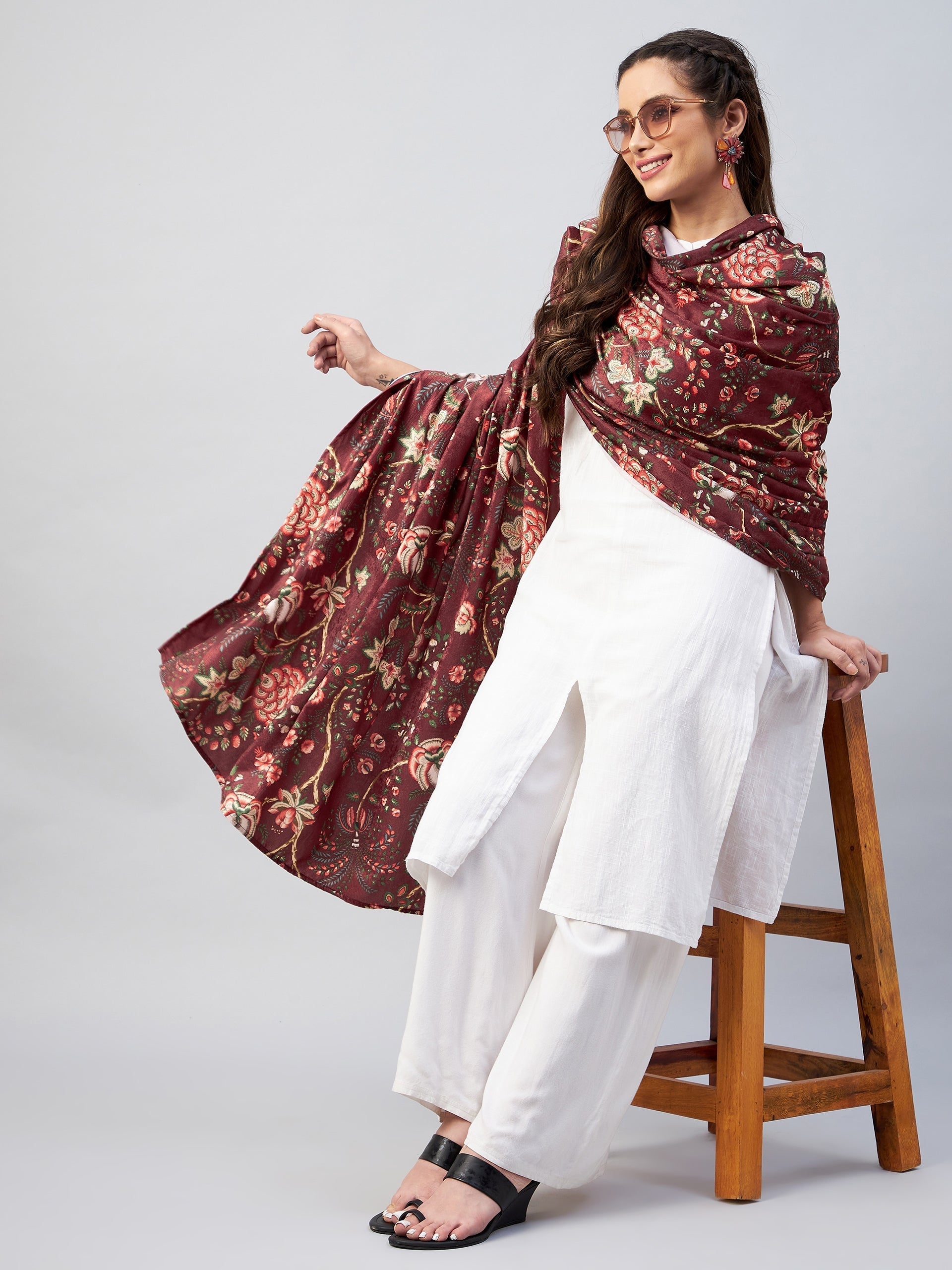 InWeave Maroon Printed Velvet Shawl - Distacart