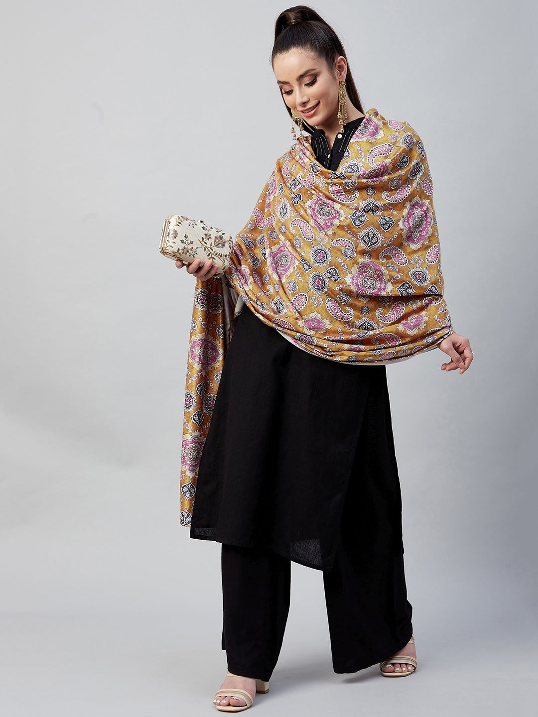 InWeave Yellow Printed Velvet Shawl - Distacart