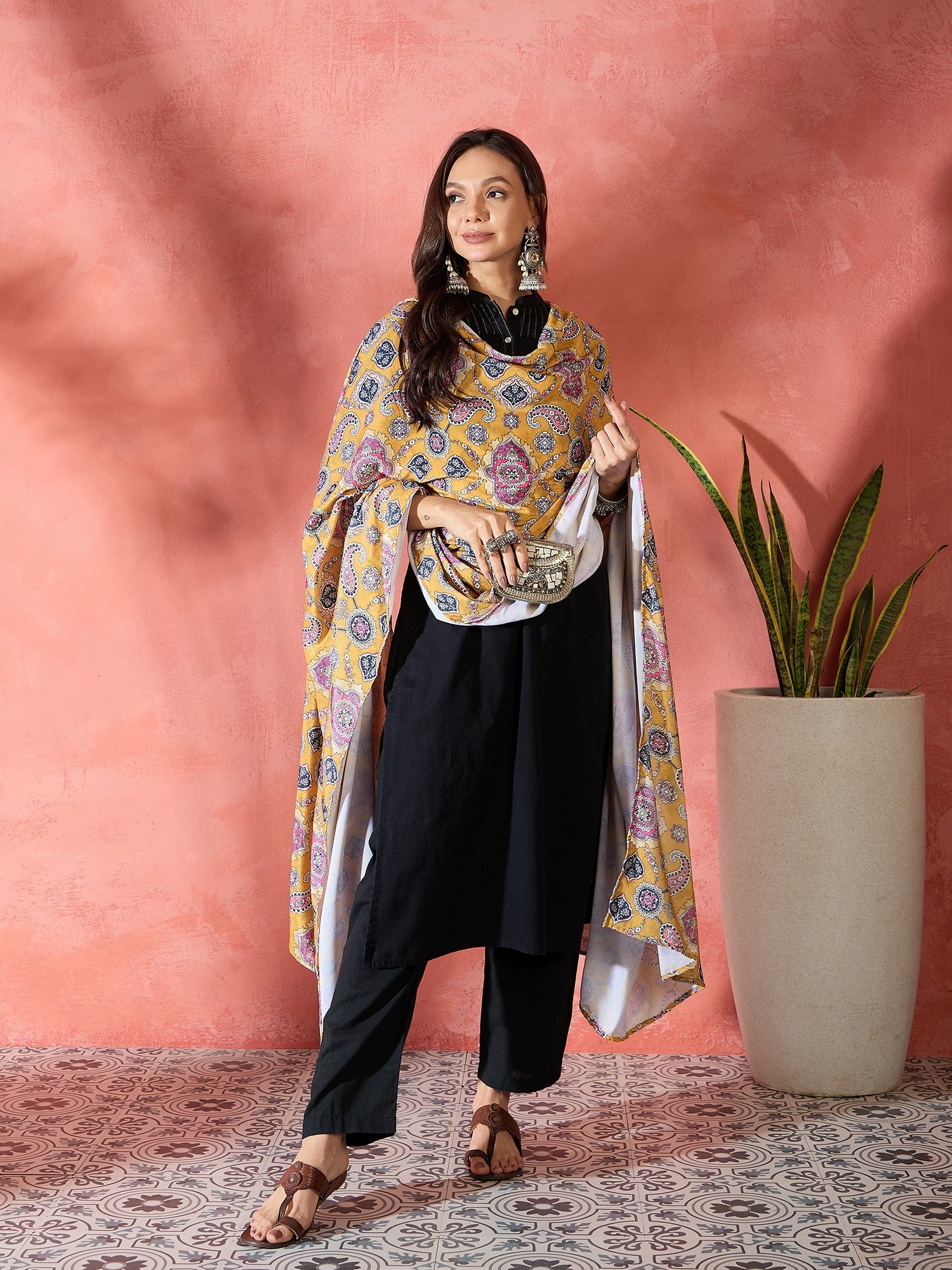 InWeave Yellow Printed Velvet Shawl