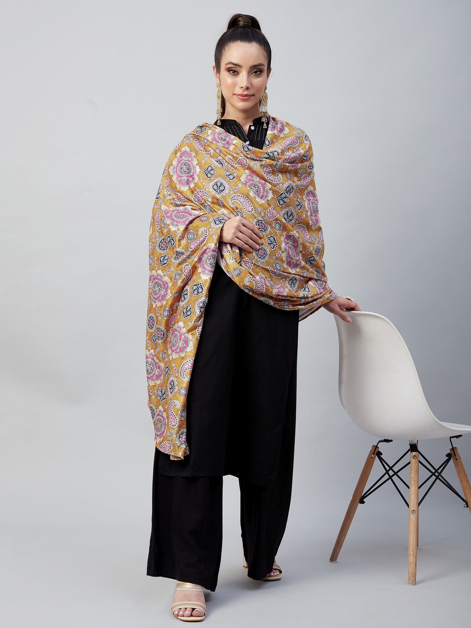 InWeave Yellow Printed Velvet Shawl - Distacart