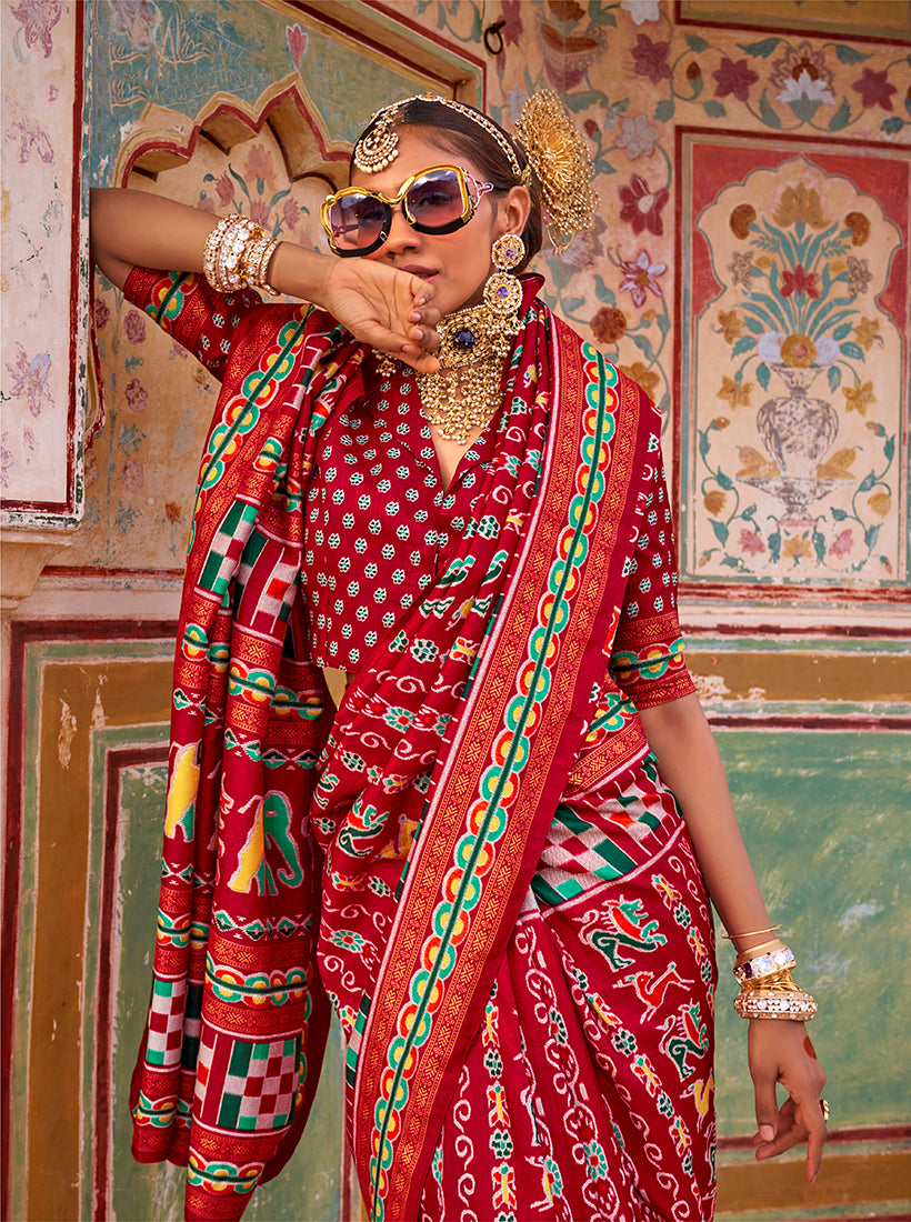 Monjolika Fashion Silk Patola Print Trendy Saree in Dark Red