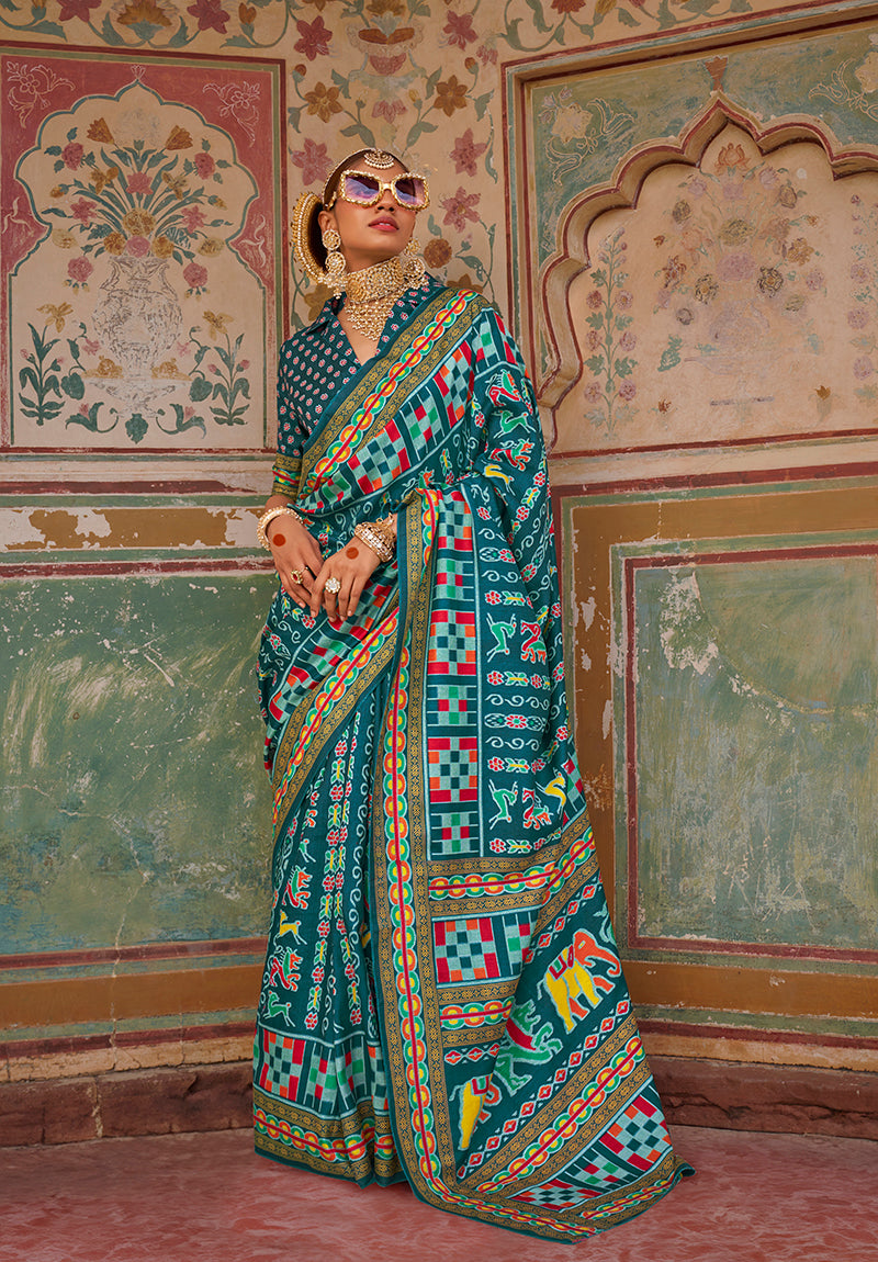 Monjolika Fashion Silk Patola Print Trendy Saree in Teal