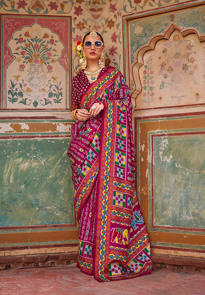 Monjolika Fashion Silk Patola Print Trendy Saree in Burgundy