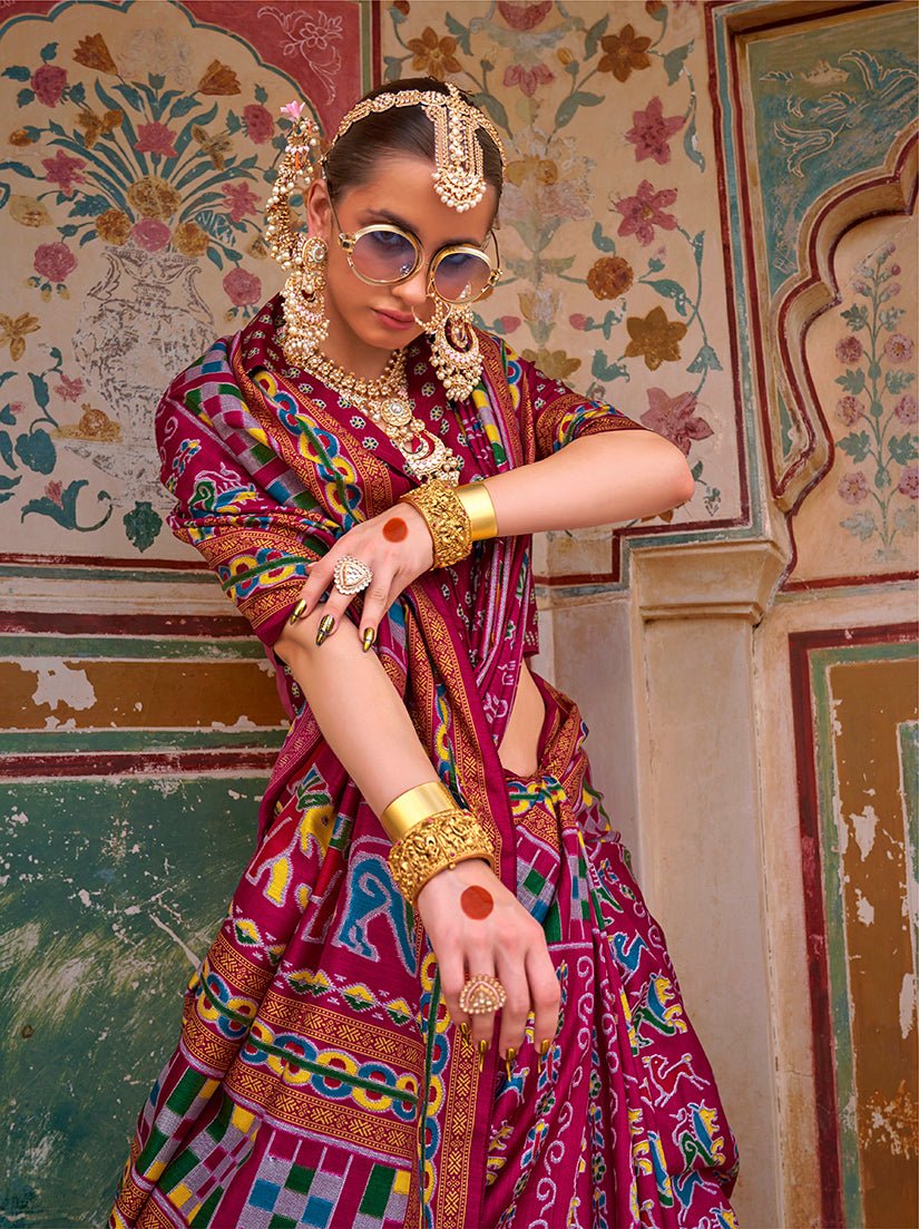 Monjolika Fashion Silk Patola Print Trendy Saree in Burgundy