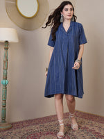 Thumbnail for InWeave Indigo Stripe Kantha Collar Dress