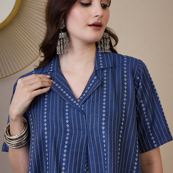 InWeave Indigo Stripe Kantha Collar Dress - Distacart
