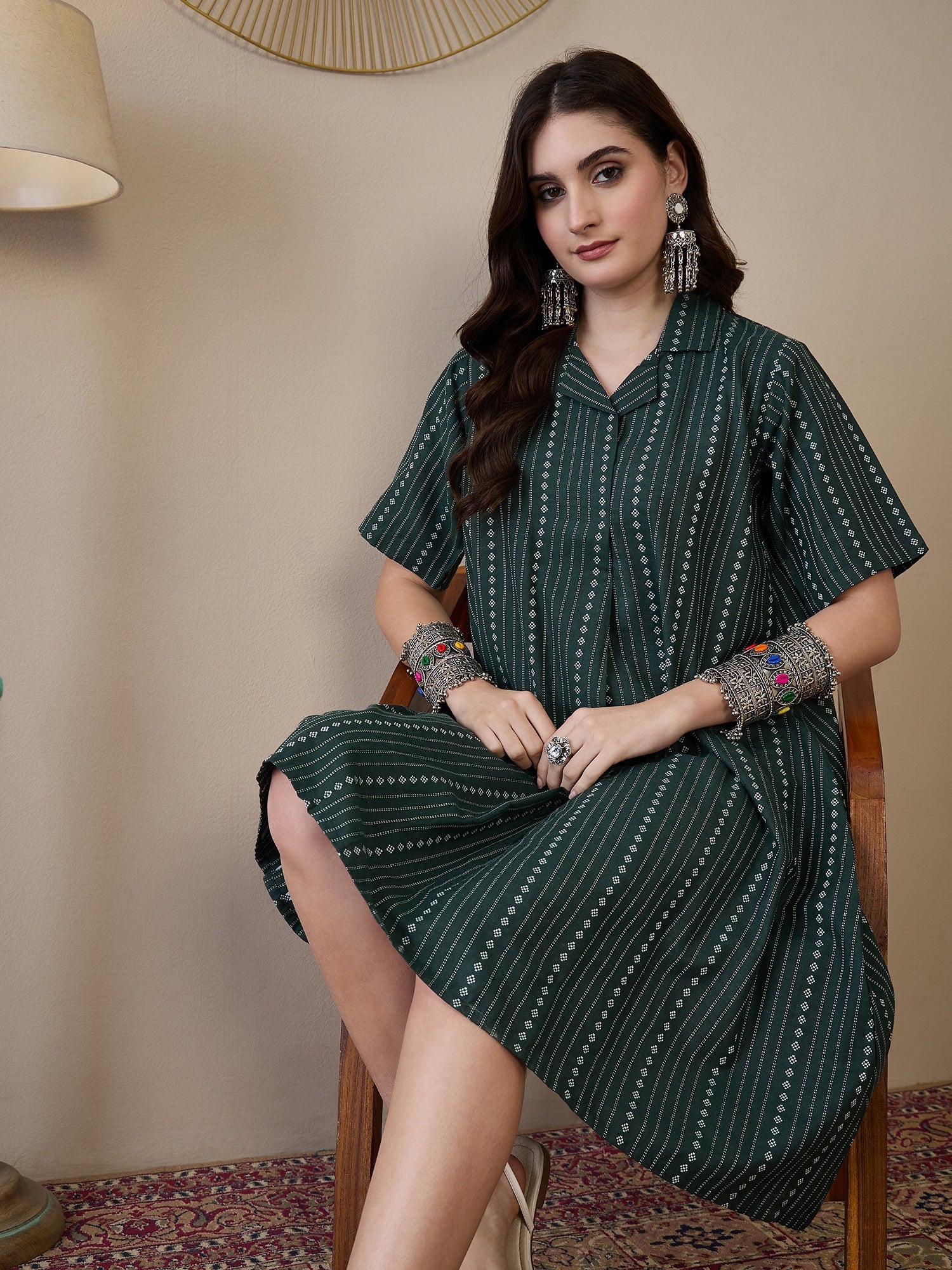 InWeave Green Stripe Kantha Collar Dress - Distacart
