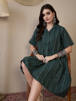 Thumbnail for InWeave Green Stripe Kantha Collar Dress
