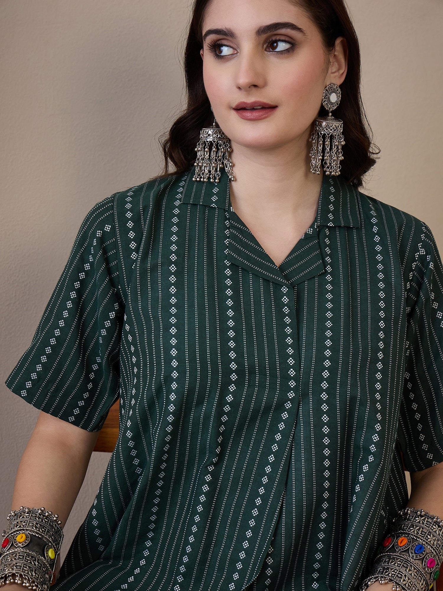 InWeave Green Stripe Kantha Collar Dress - Distacart