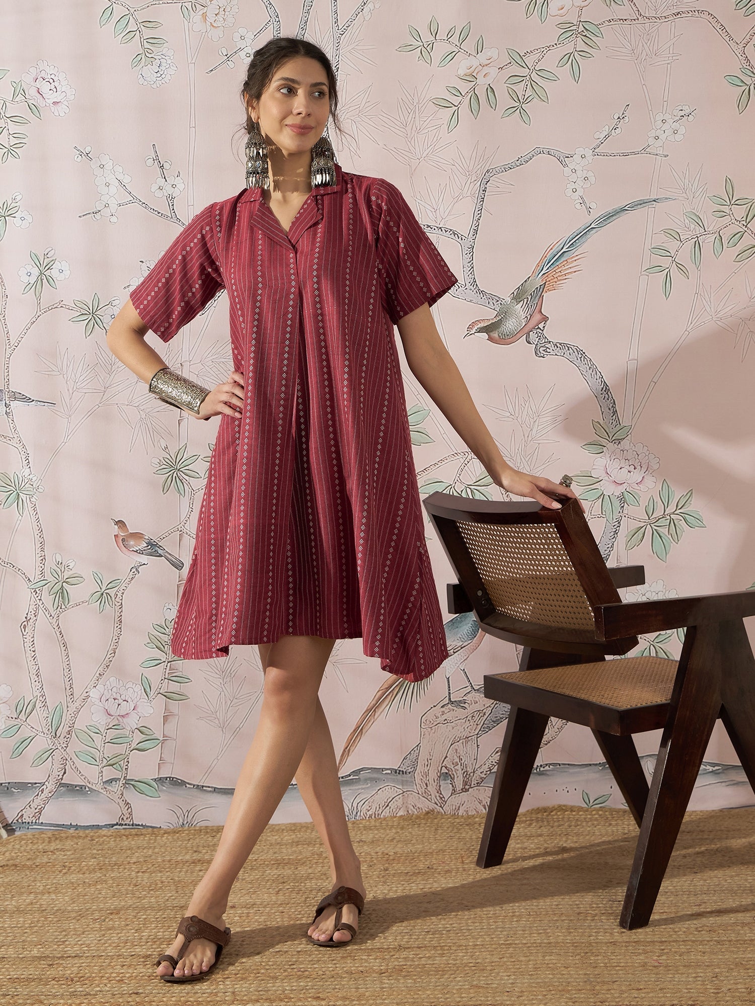 InWeave Maroon Stripe Kantha Collar Dress - Distacart