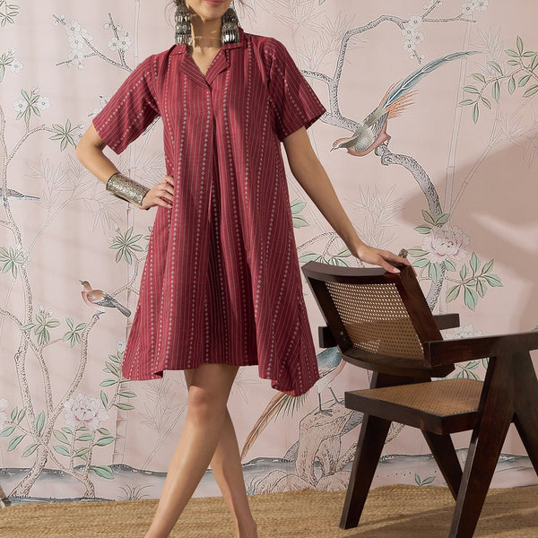 InWeave Maroon Stripe Kantha Collar Dress - Distacart
