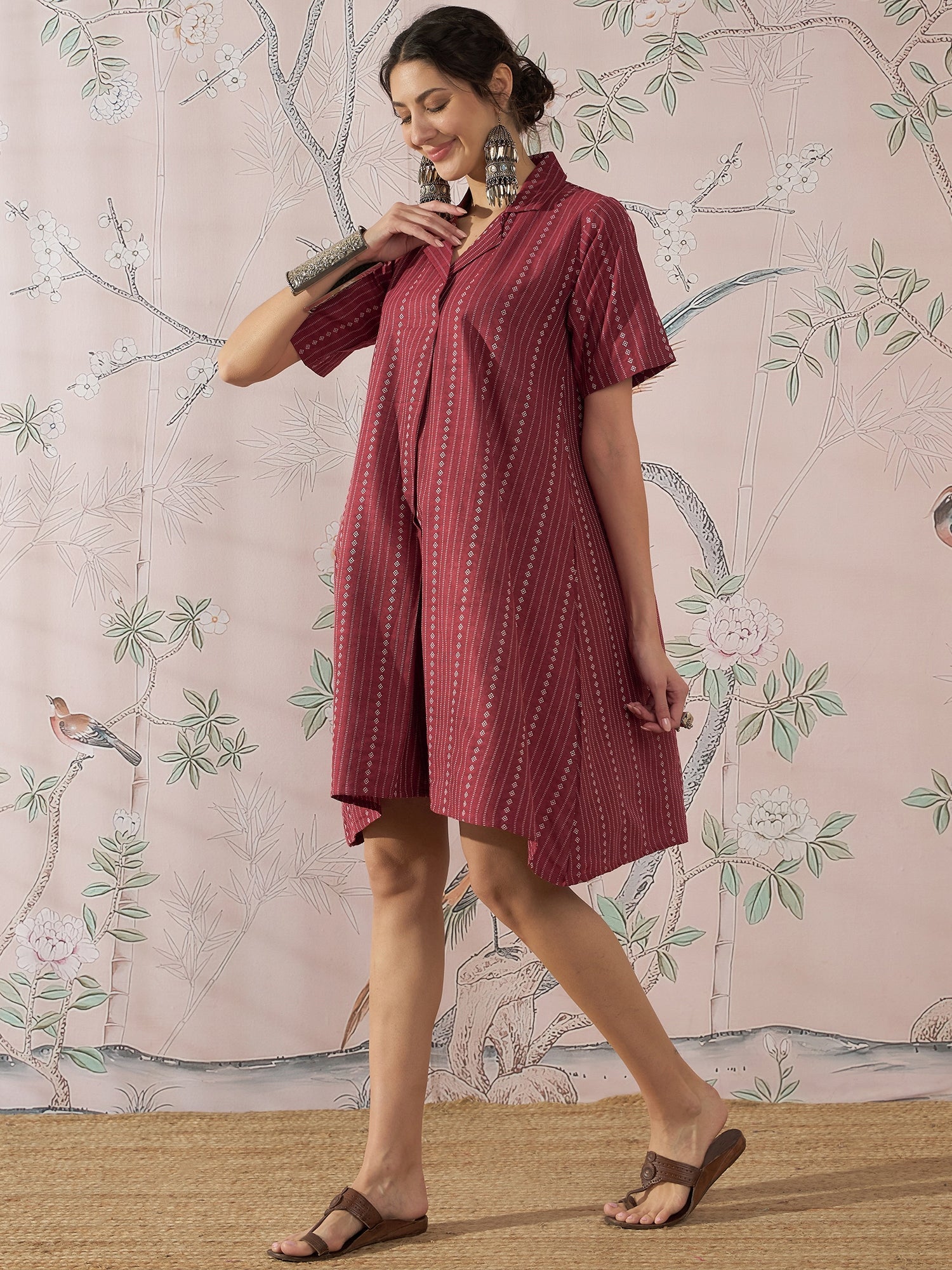 InWeave Maroon Stripe Kantha Collar Dress - Distacart