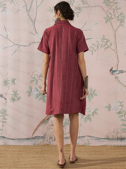 InWeave Maroon Stripe Kantha Collar Dress - Distacart