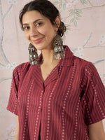 Thumbnail for InWeave Maroon Stripe Kantha Collar Dress
