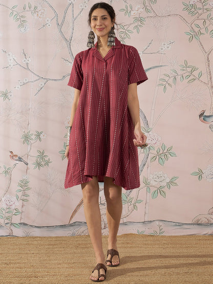 InWeave Maroon Stripe Kantha Collar Dress - Distacart