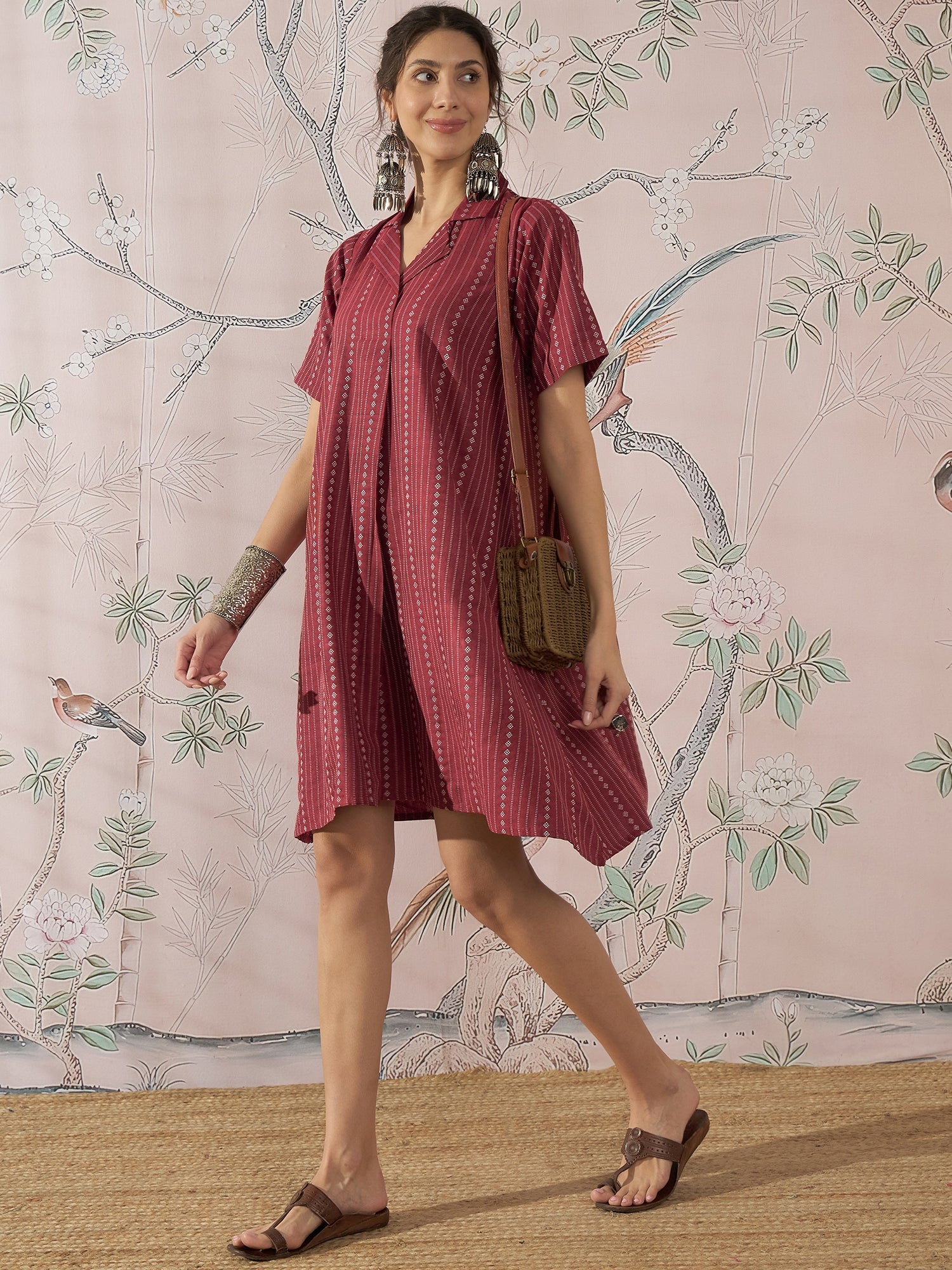InWeave Maroon Stripe Kantha Collar Dress - Distacart