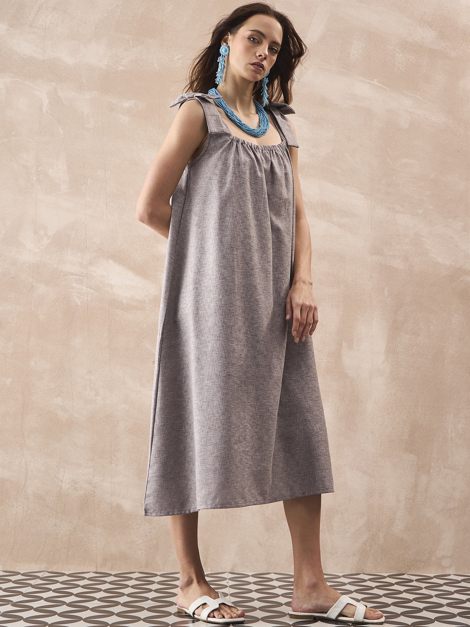 InWeave Dull Grey Linen Pleat Bow Dress - Distacart