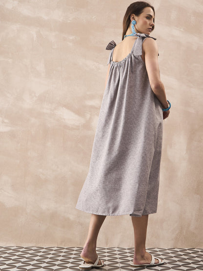 InWeave Dull Grey Linen Pleat Bow Dress - Distacart