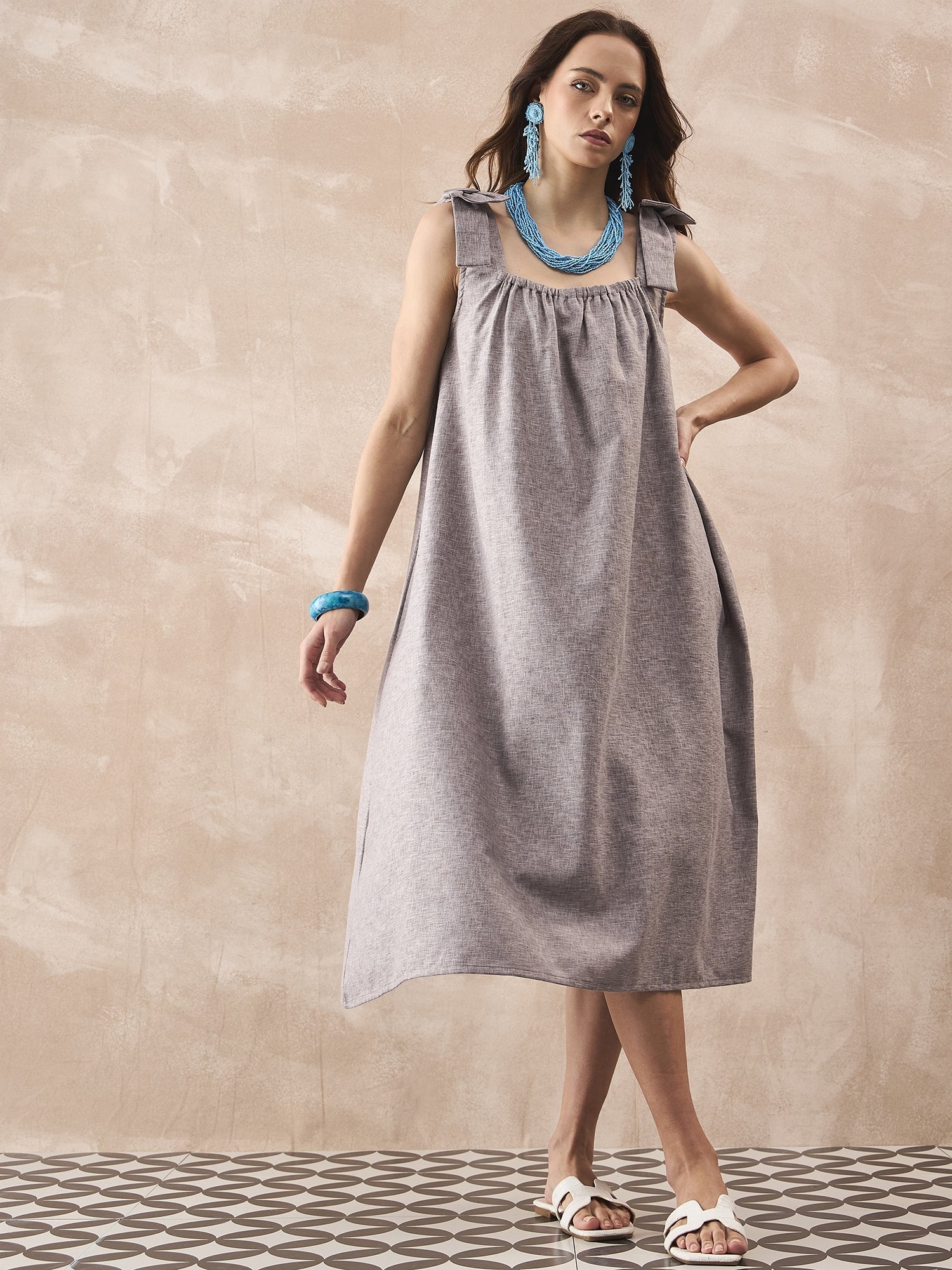 InWeave Dull Grey Linen Pleat Bow Dress - Distacart