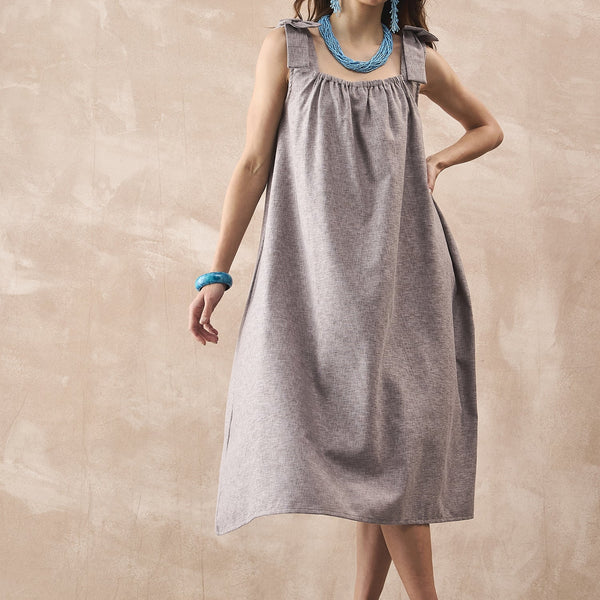 InWeave Dull Grey Linen Pleat Bow Dress - Distacart