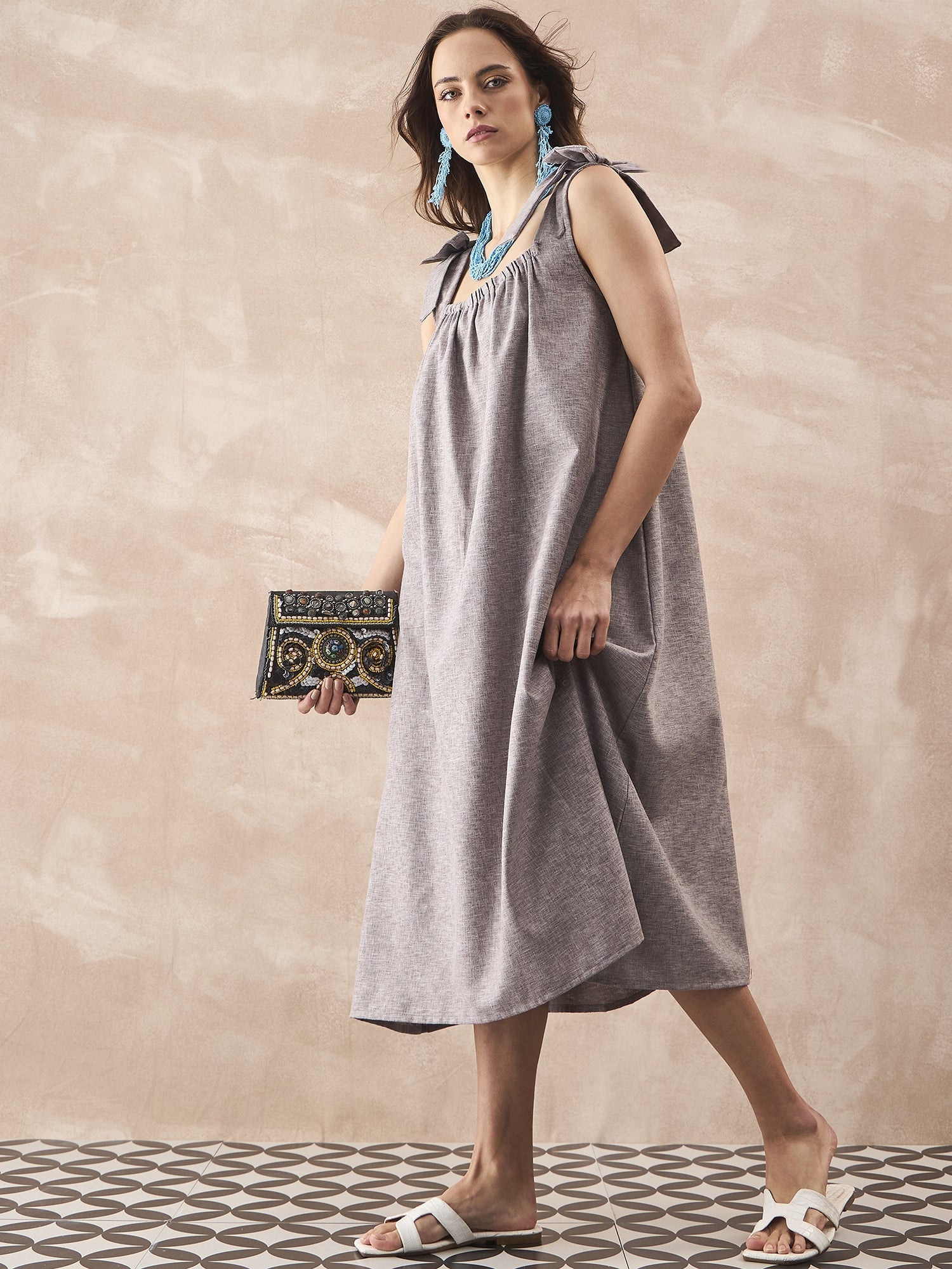 InWeave Dull Grey Linen Pleat Bow Dress - Distacart