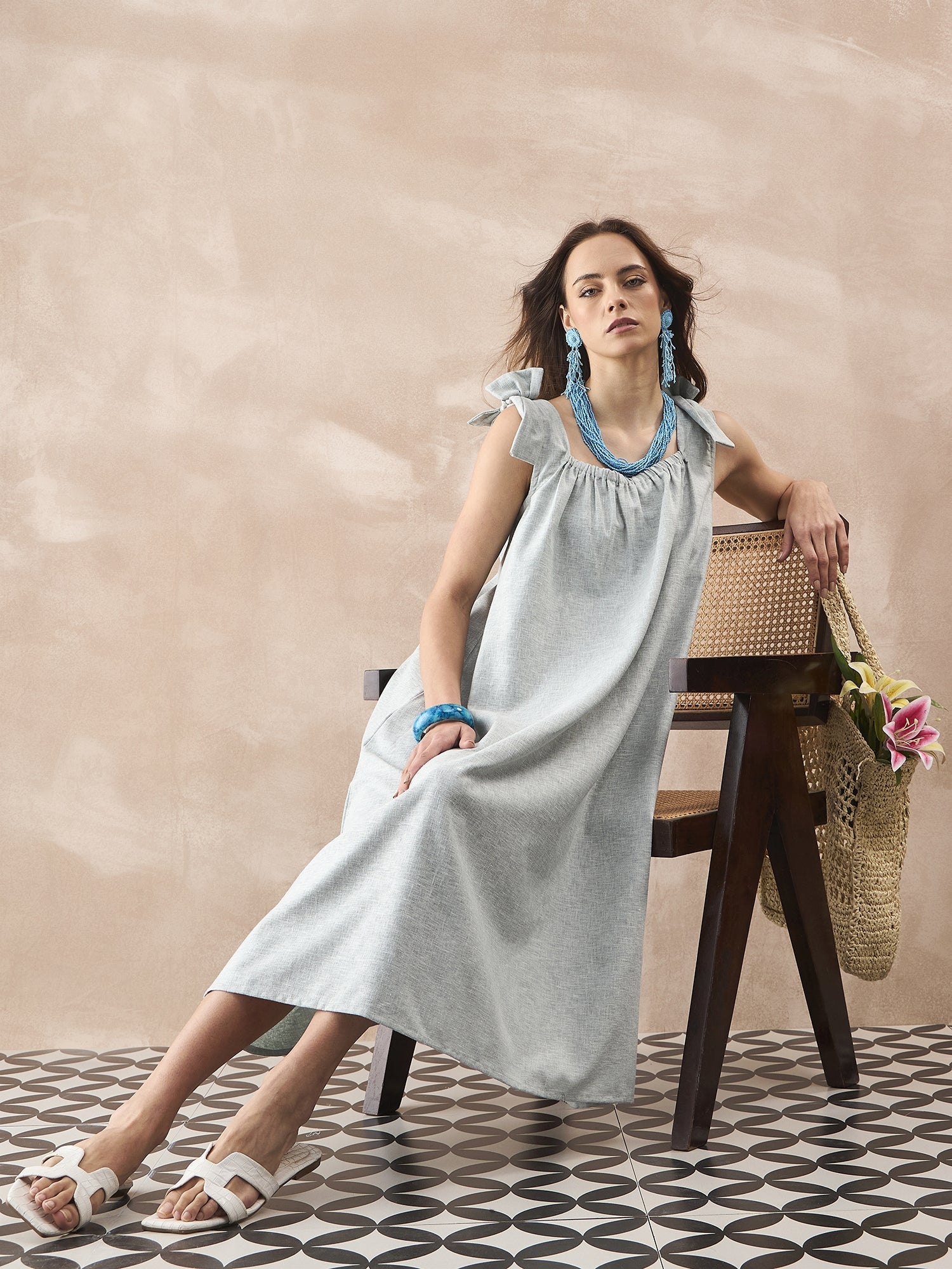InWeave Pistachio Linen Pleat Bow Dress - Distacart