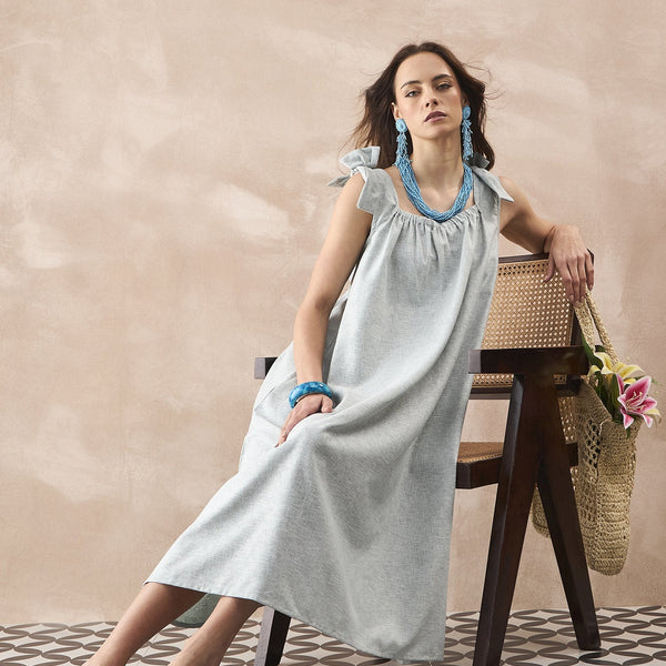 InWeave Pistachio Linen Pleat Bow Dress - Distacart