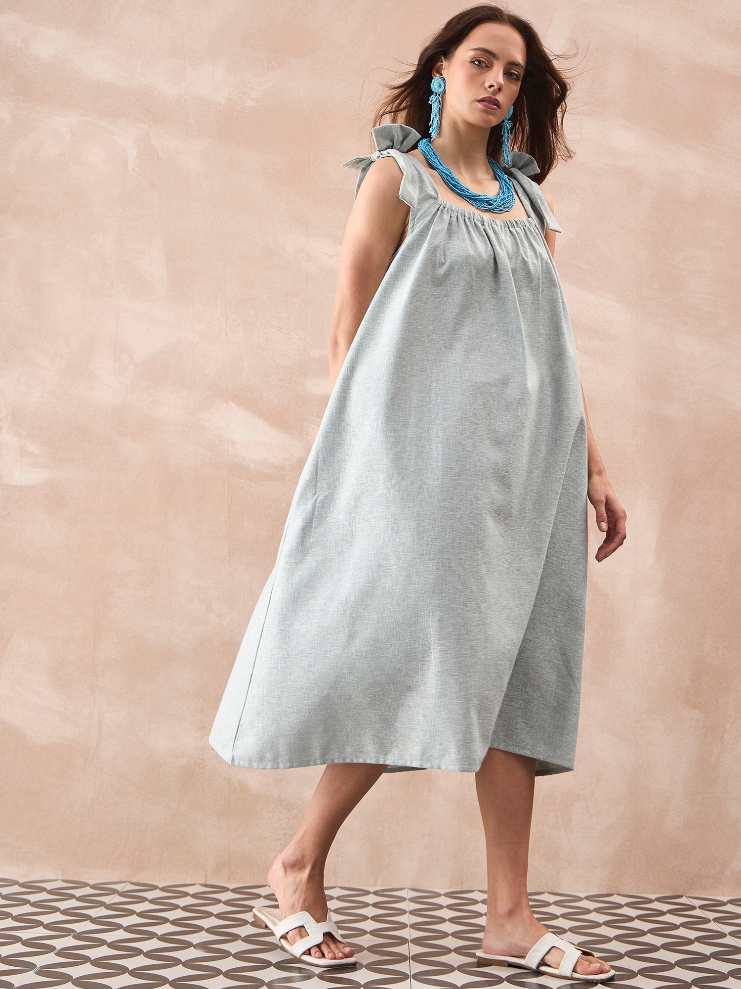 InWeave Pistachio Linen Pleat Bow Dress - Distacart